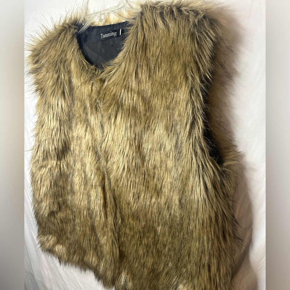 Tanming Faux Fur Vest XXL Brown Sleeveless Open Front Winter Layer